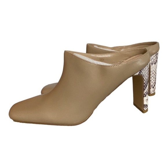 COUTGO Faux Leather Heeled Tan Mules Snake Print Pointed Toe Size 9.5 NWT … - Picture 3 of 9